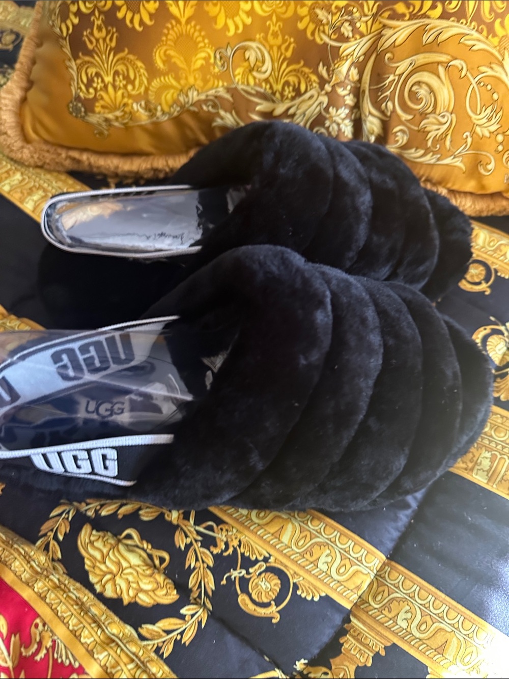 UGG Black Plush Fuzzy Slip-On Clog with Branded Heel Strap